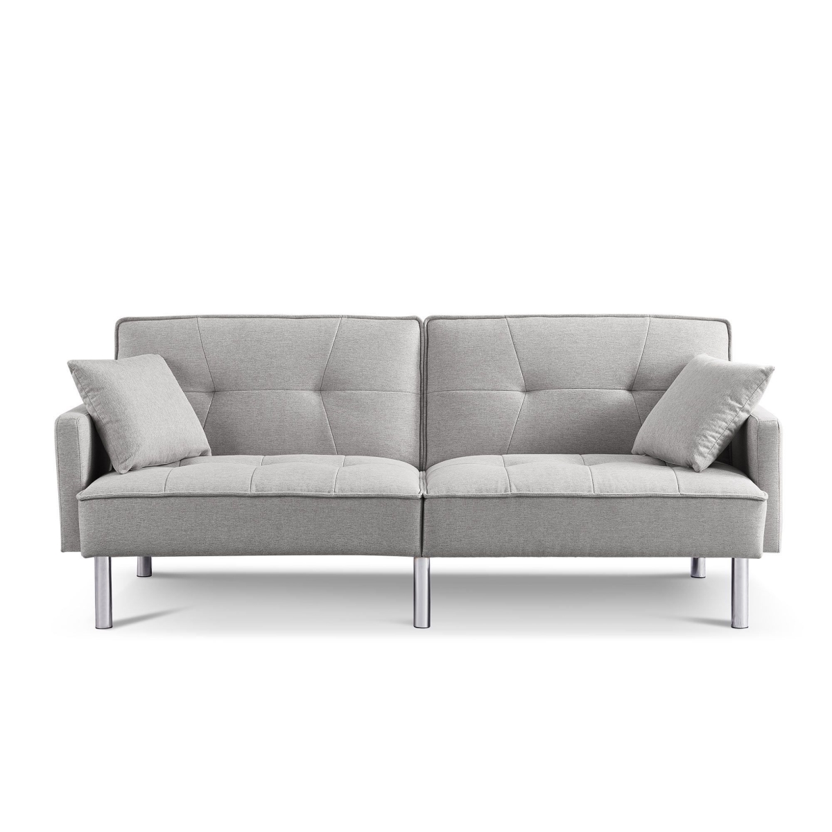 85 in. Polyester Blend Convertible Futon Sleeper Sofa with Toss Pillows, Light Gray & Silver