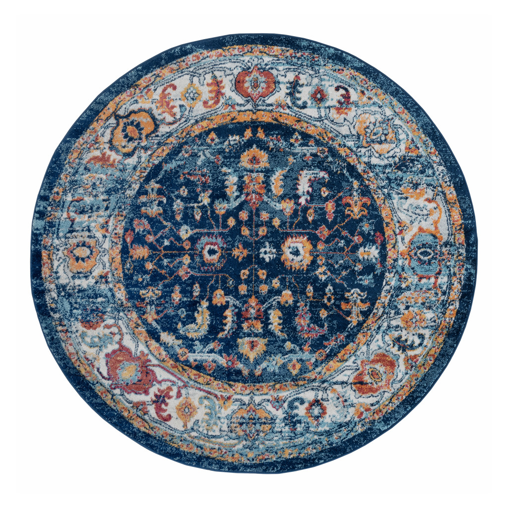 6 ft. Oriental Power Loom Round Area Rug, Blue & Orange