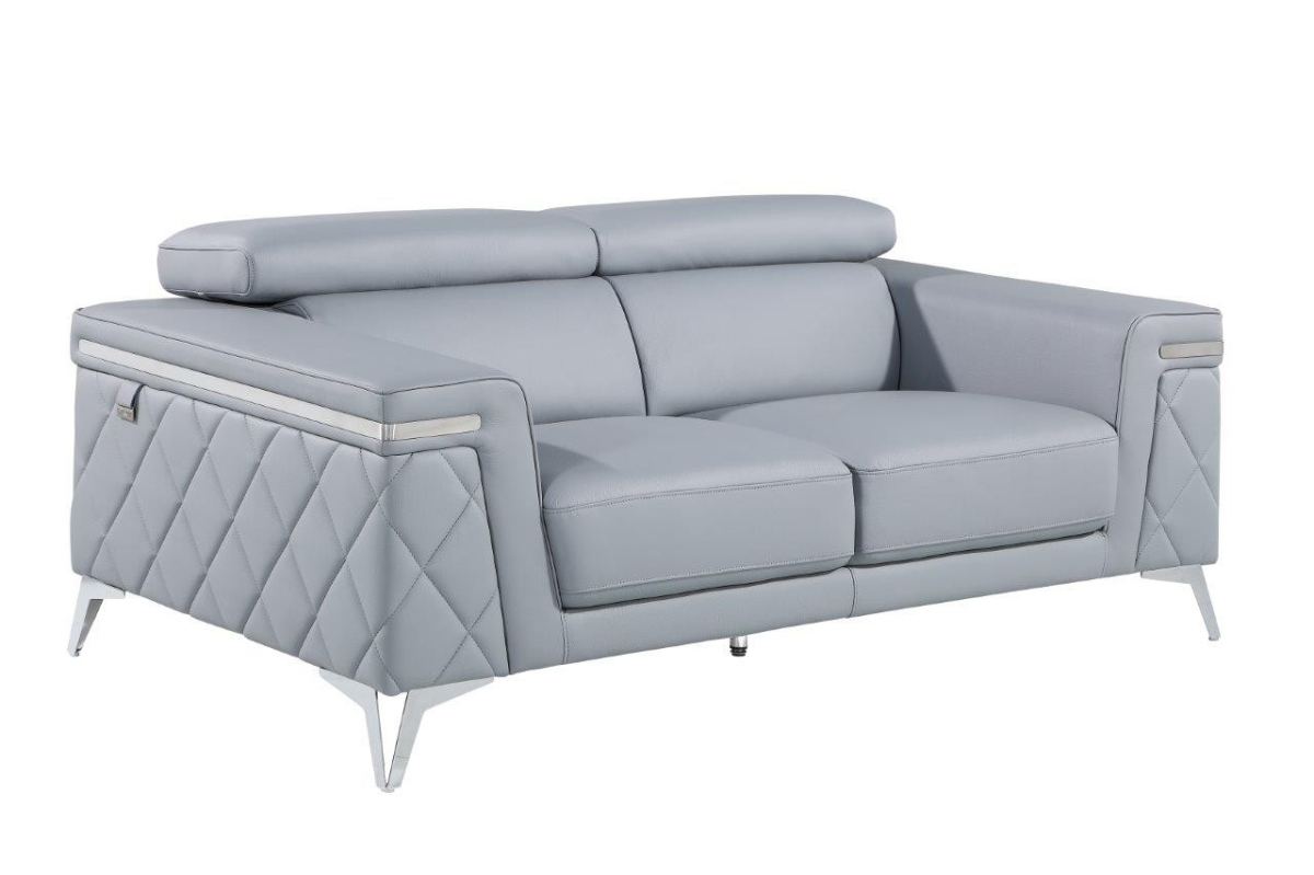 70 in. Leather Loveseat, Light Blue & Metallic Silver