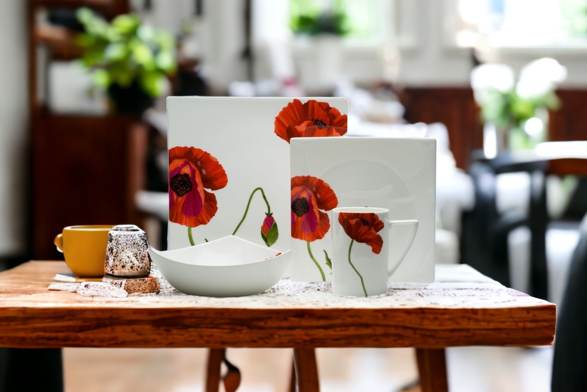 Picture of HomeRoots 483517 Square Floral Bone China Dinnerware Set, Red & White - 4 Piece