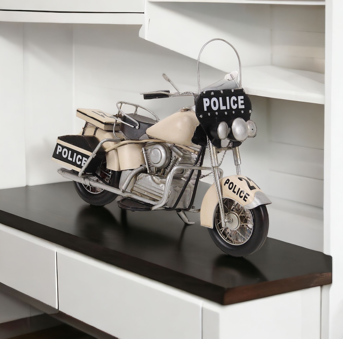 489429 10 in. Cream Metal Hand Painted Model Motorcycle Sculpture