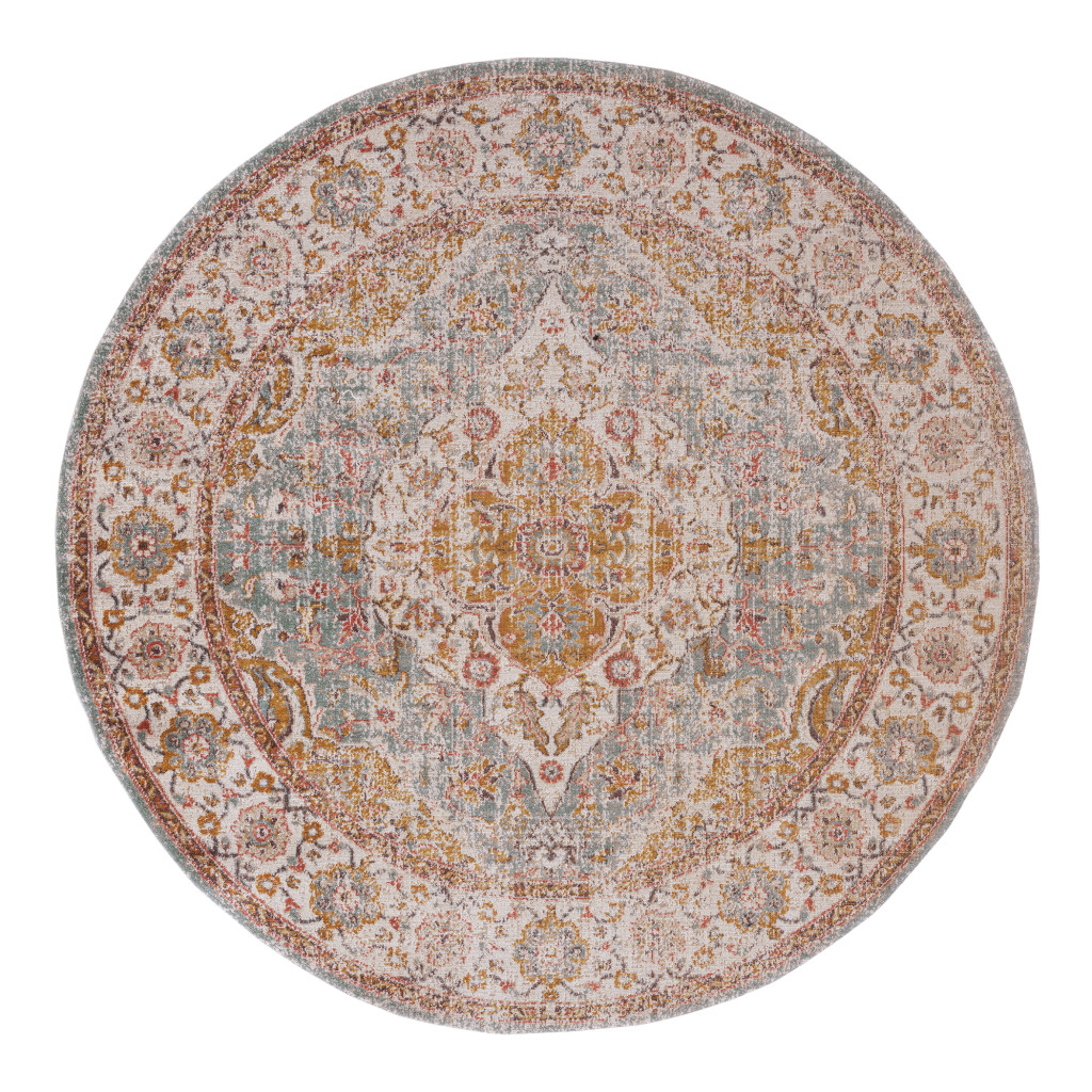 6 ft. Oriental Power Loom Distressed Round Area Rug, Blue & Orange