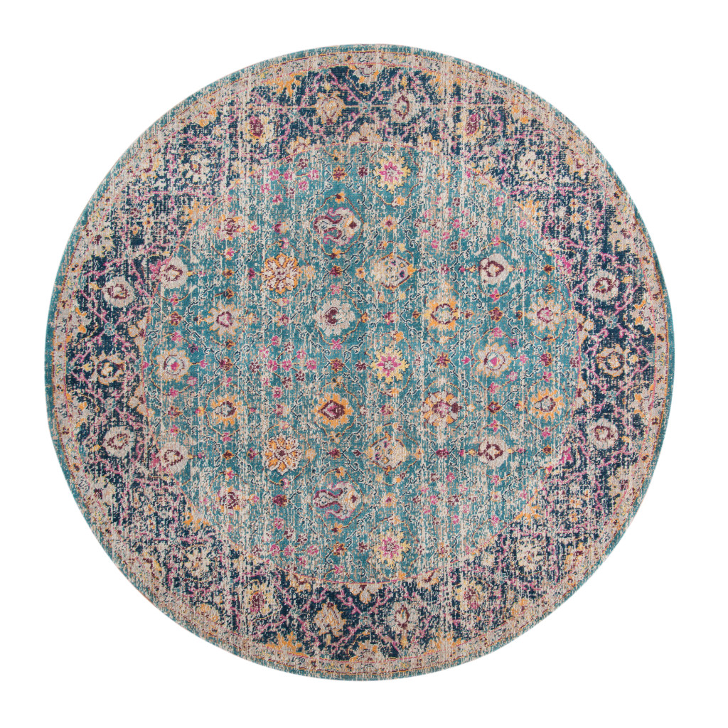 532123 6 ft. Floral Power Loom Distressed Round Area Rug, Blue & Orange