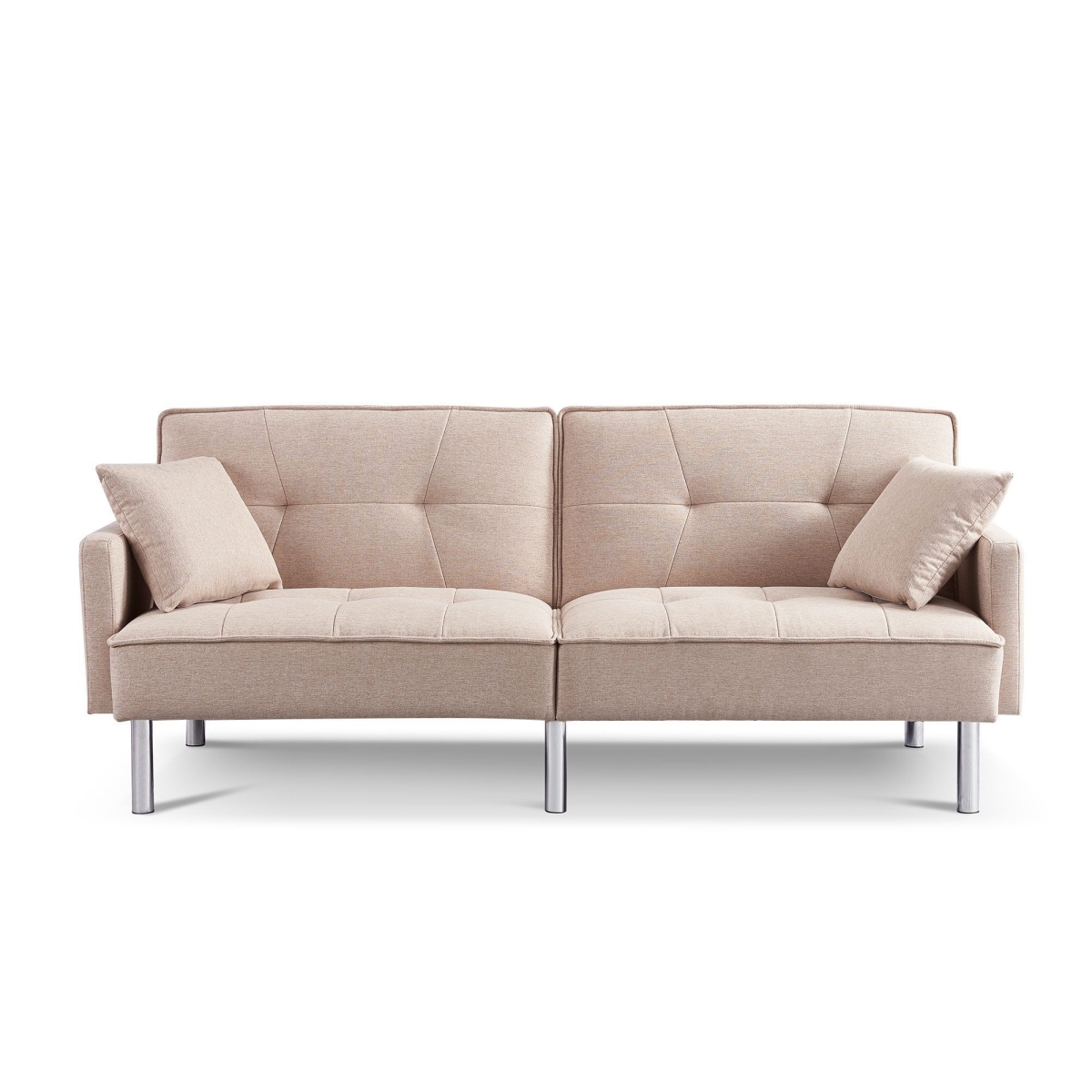 85 in. Polyester Blend Convertible Futon Sleeper Sofa with Toss Pillows, Beige & Silver