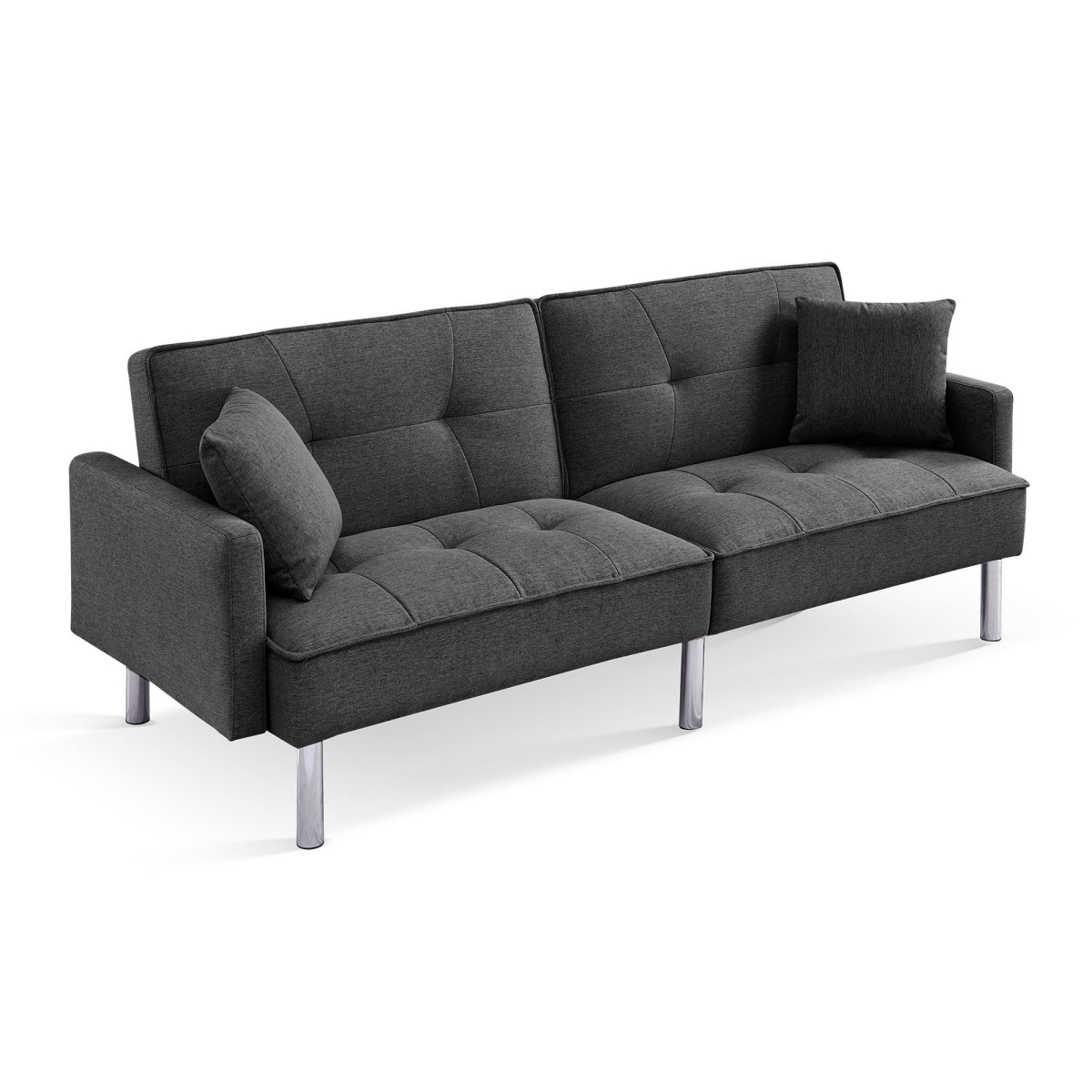 544955 85 in. Polyester Blend Convertible Futon Sleeper Sofa with Toss Pillows, Dark Gray & Silver
