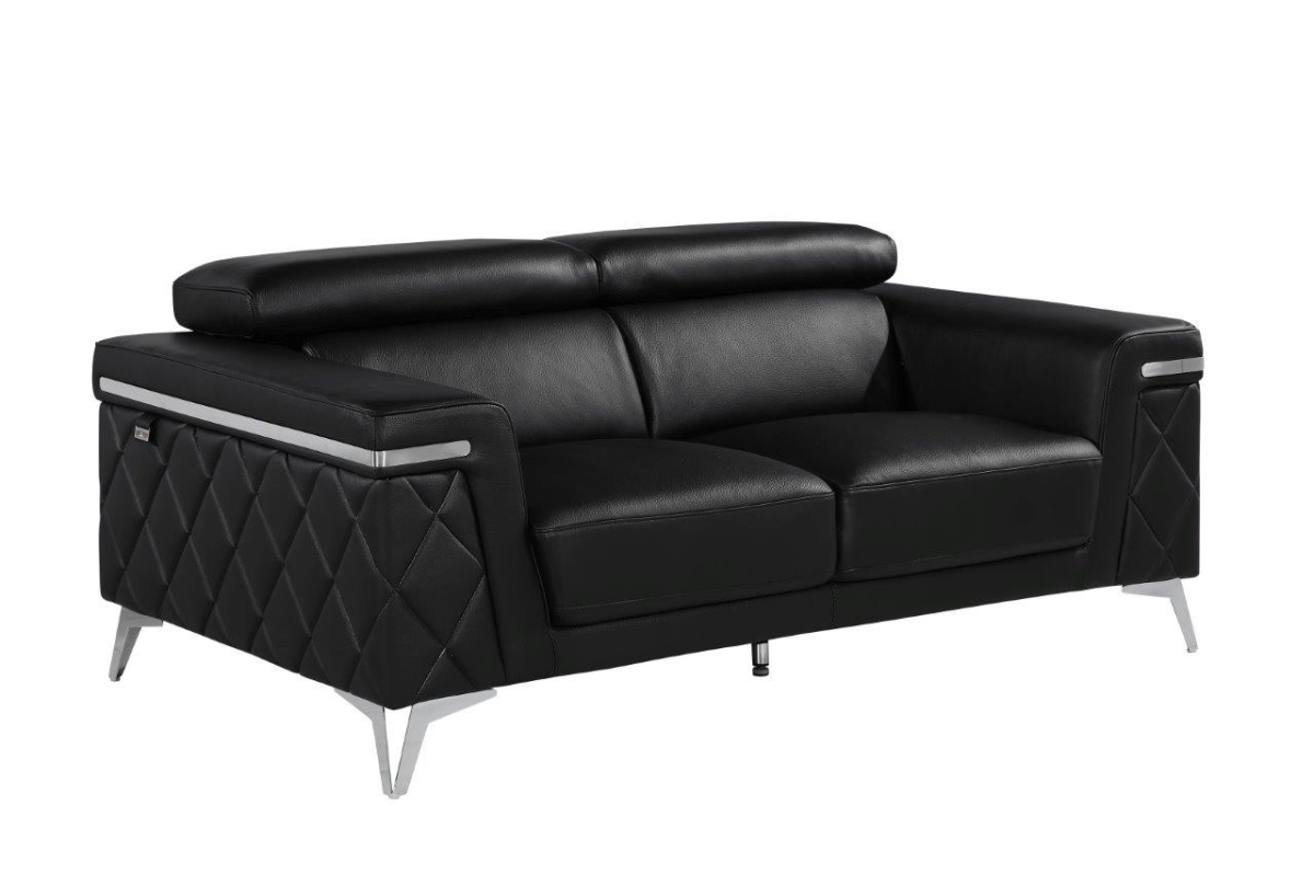 70 in. Leather Loveseat, Black & Metallic Silver