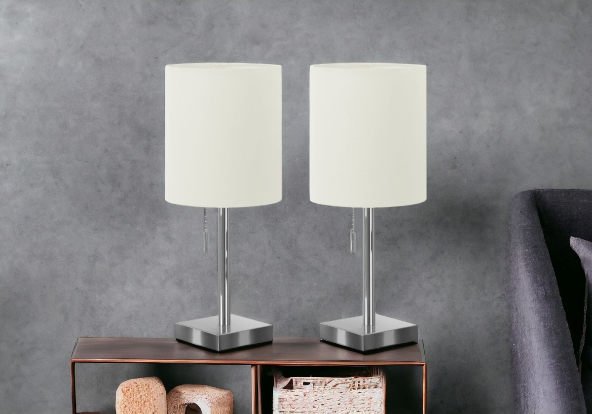 545831 17 in. Metal Candlestick USB Table Lamp with Ivory Drum Shade, Silver - Set of 2
