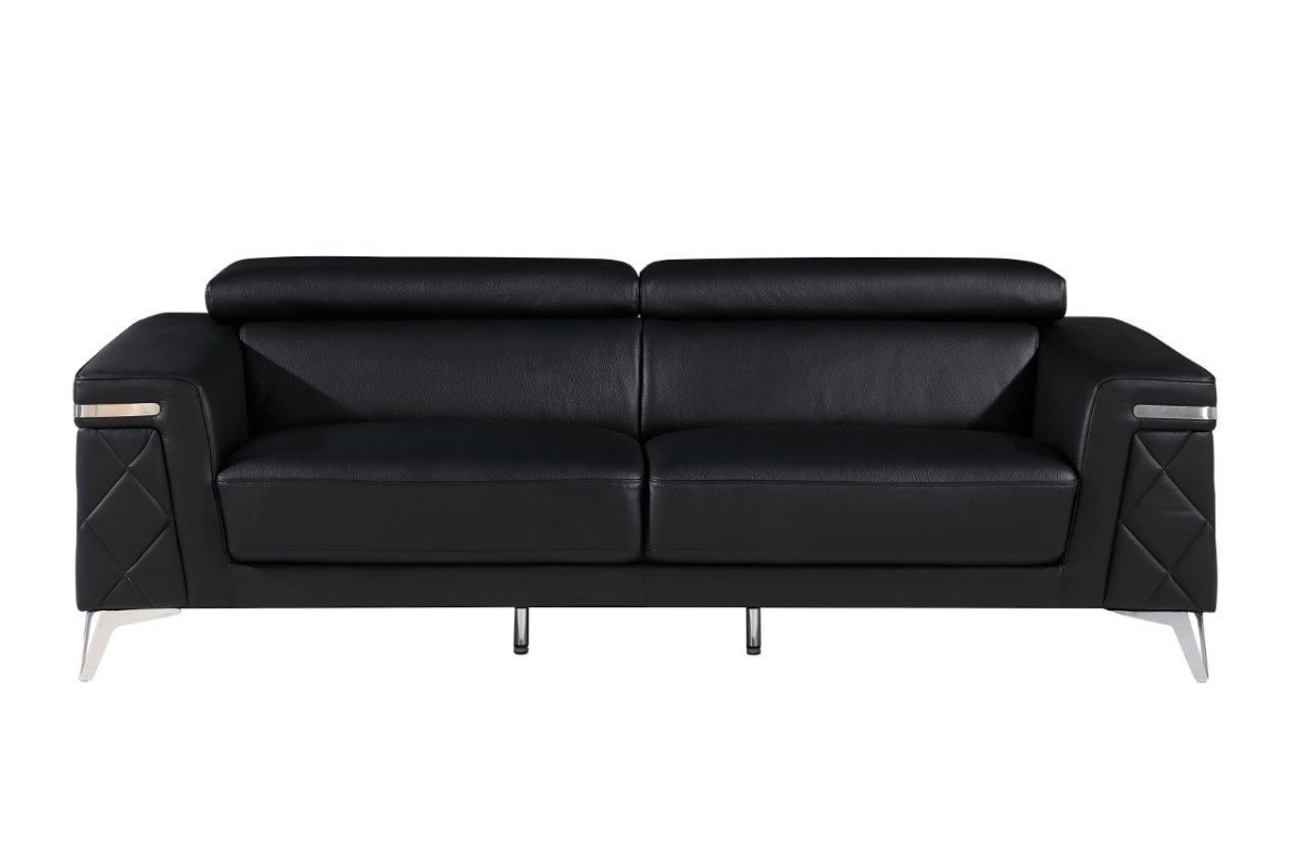 89 in. Italian Leather Sofa, Black & Silver