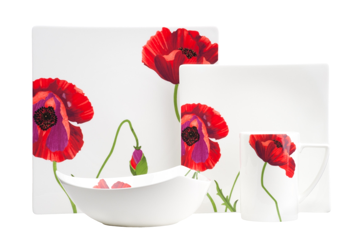 Picture of HomeRoots 483515 Square Floral Bone China Service for Six Dinner Plate Set, Red & White - 6 Piece