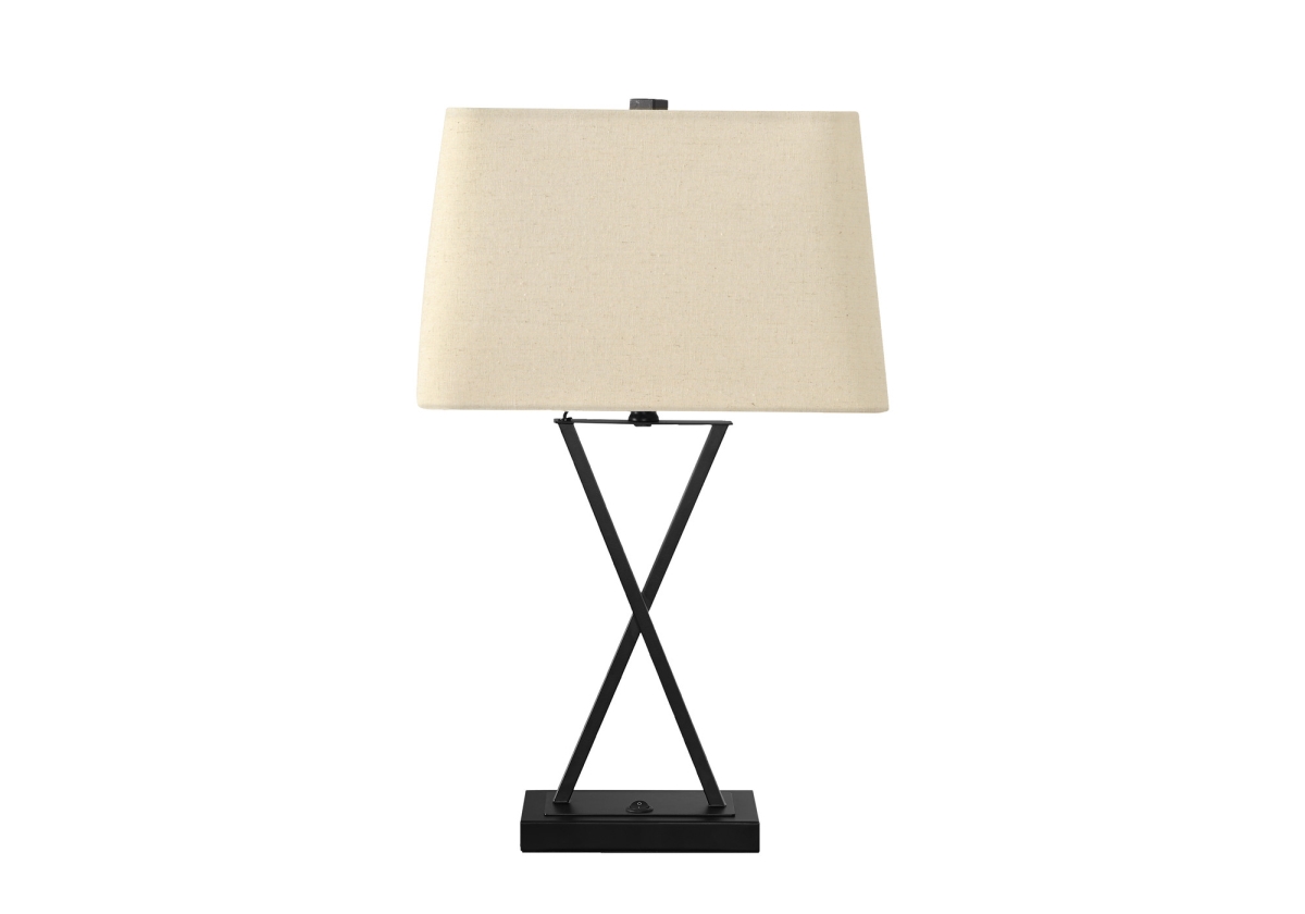 25 in. Black Metal Geometric USB Table Lamp with Beige Shade