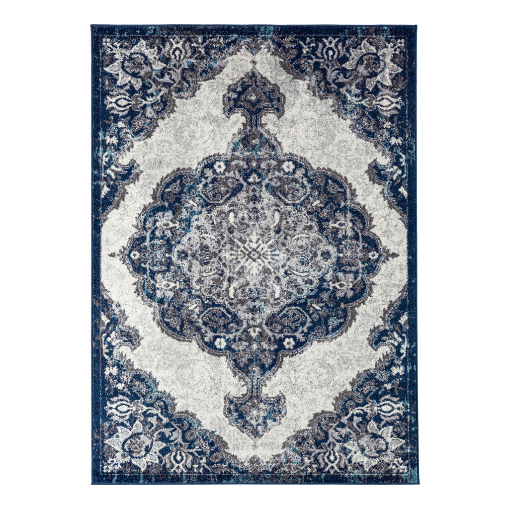 2 x 3 ft. Medallion Power Loom Rectangle Area Rug, Blue & Gray