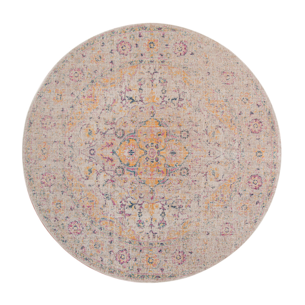 6 ft. Oriental Power Loom Distressed Round Area Rug, Yellow & Ivory