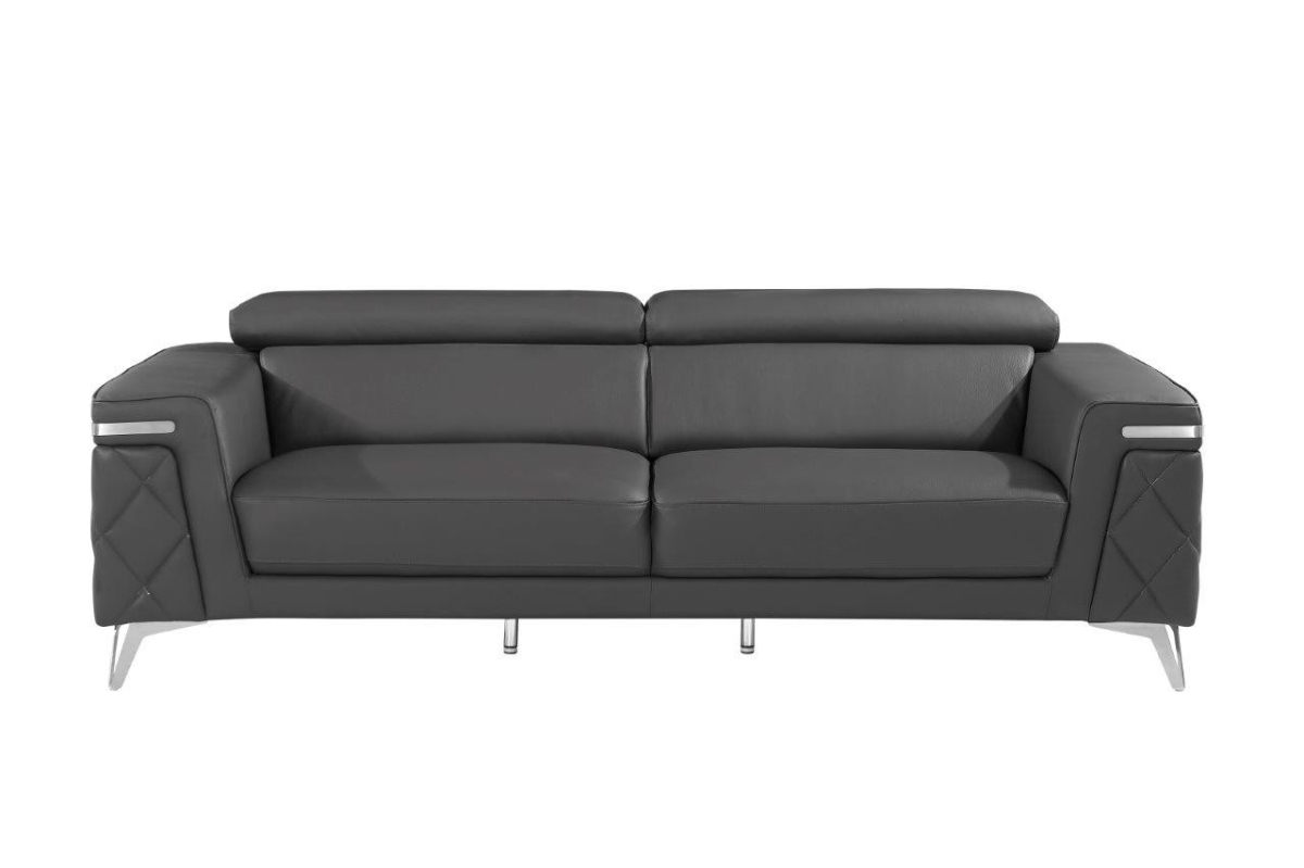 89 in. Italian Leather Sofa, Gray & Silver