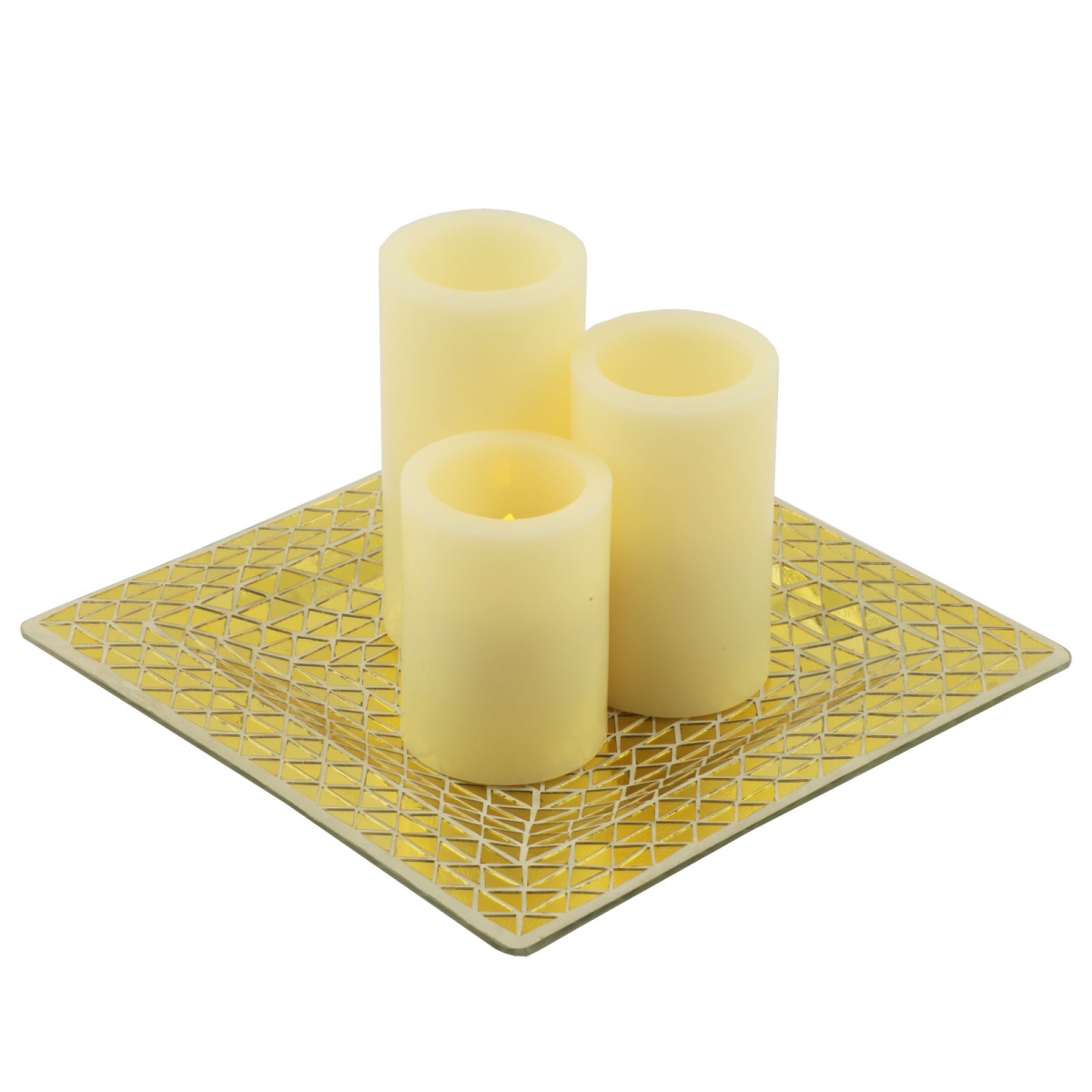 Flameless Pillar Candles with Holder, Gold - Set of 3