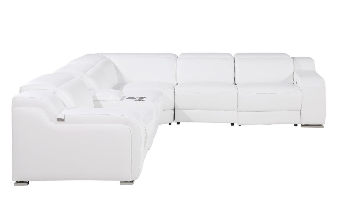 544994 Italian Leather Power Reclining Curved Corner Sectional with Console, White - 6 Piece