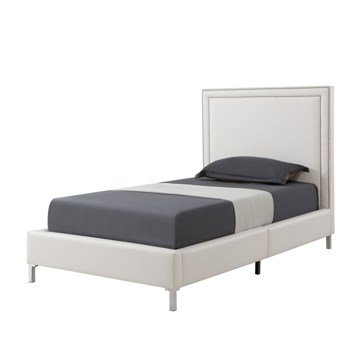 544911 Solid Wood Full Upholstered Faux Leather Bed with Nailhead Trim, White -  HomeRoots