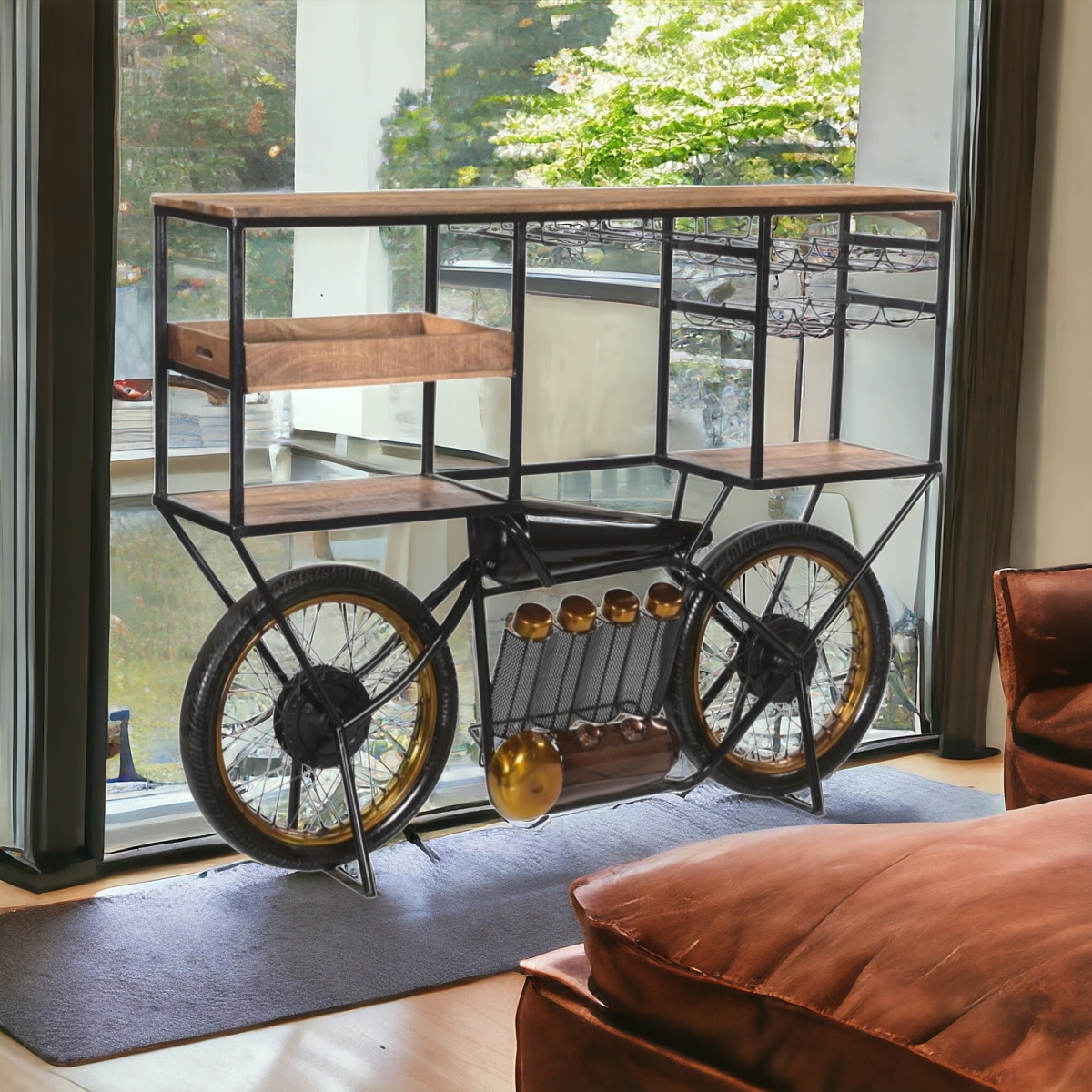 490808 Metal & Solid Wood Bar Cart with Wine Storage, Brown & Black