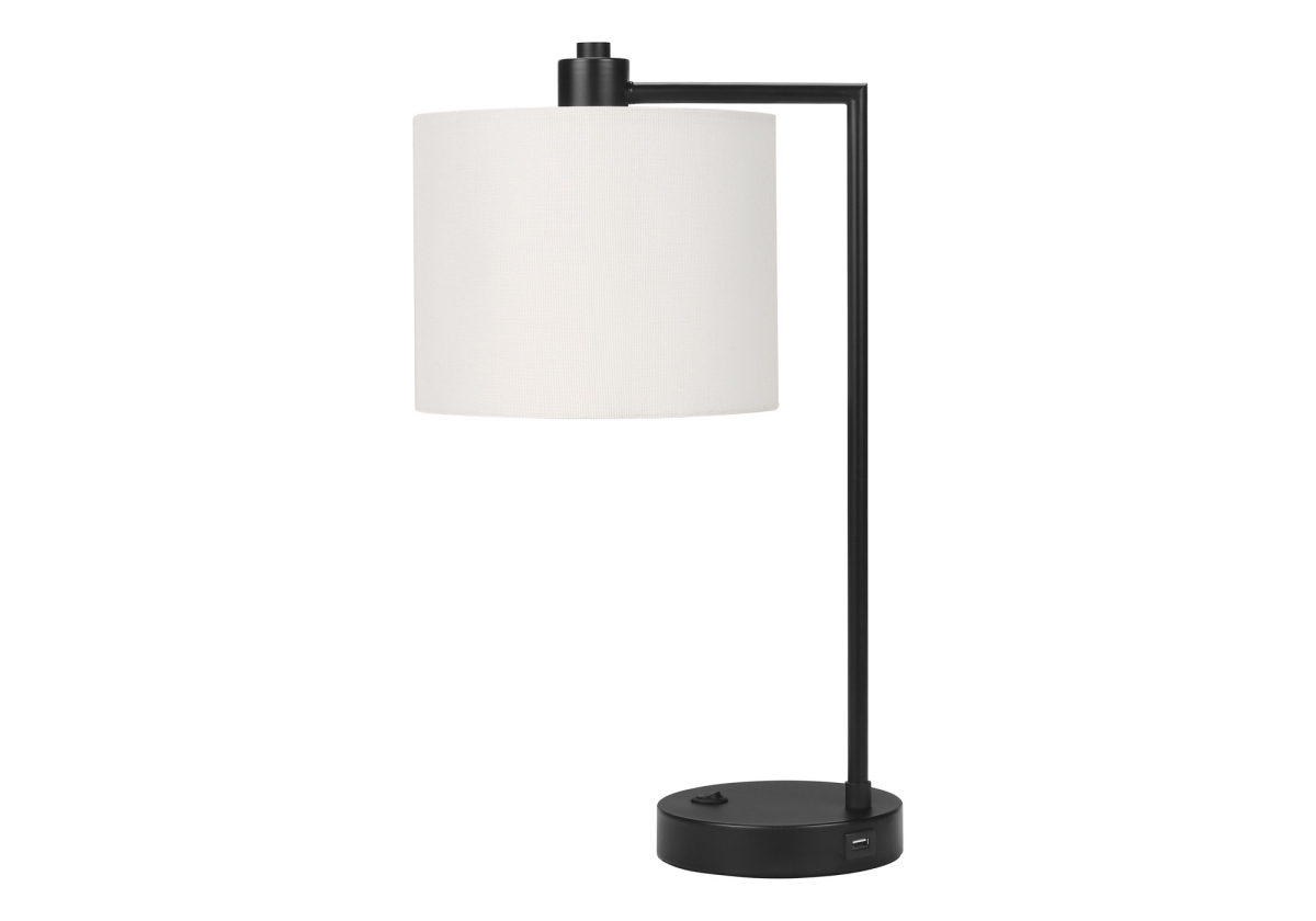 19 in. Metal Round USB Table Lamp with Ivory Drum Shade, Black
