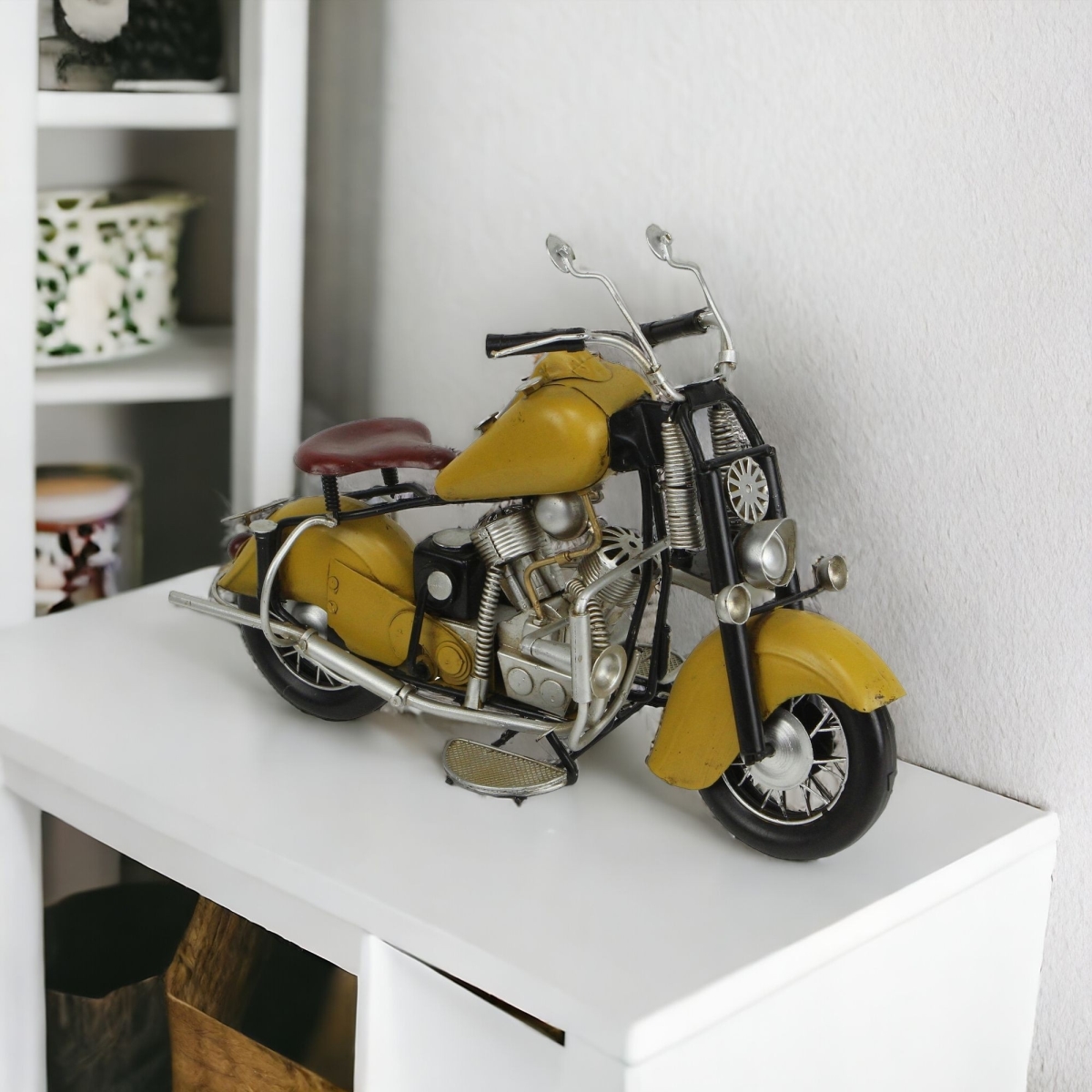 8 in. Metal Hand Painted Model Motorcycle Sculpture, Yellow & Black