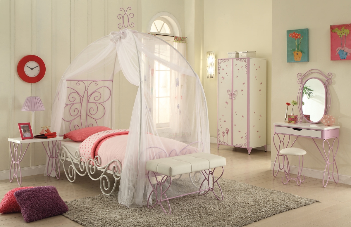 Picture of Home Roots Furniture 285577 88 x 85 x 56 in. Metal Tube Full Bed with Canopy - White & Light Purple