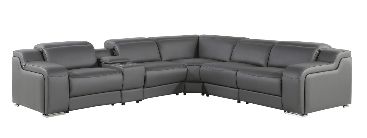 544982 Italian Leather Power Reclining Curved Corner Sectional with Console, Gray - 6 Piece