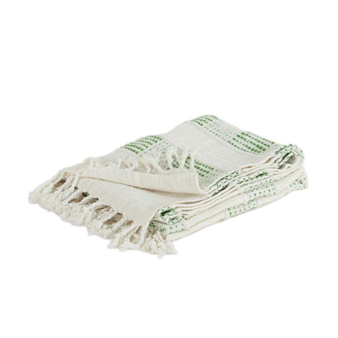 Grey & Green Woven Cotton Throw Blanket with Fringe