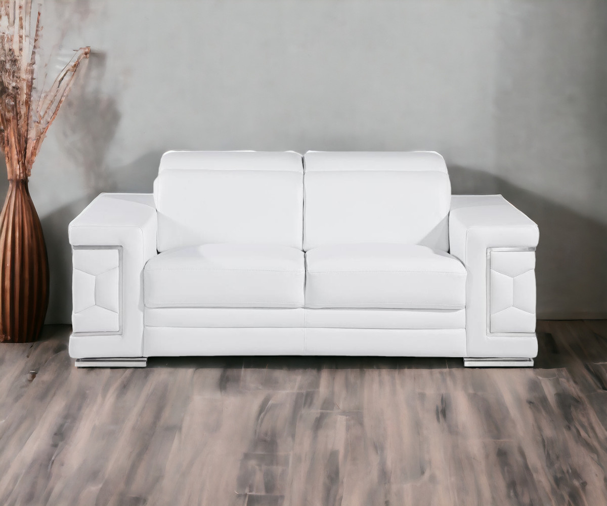 29 x 71 x 41 in. White & Silver Genuine Leather Love Seat Sofa