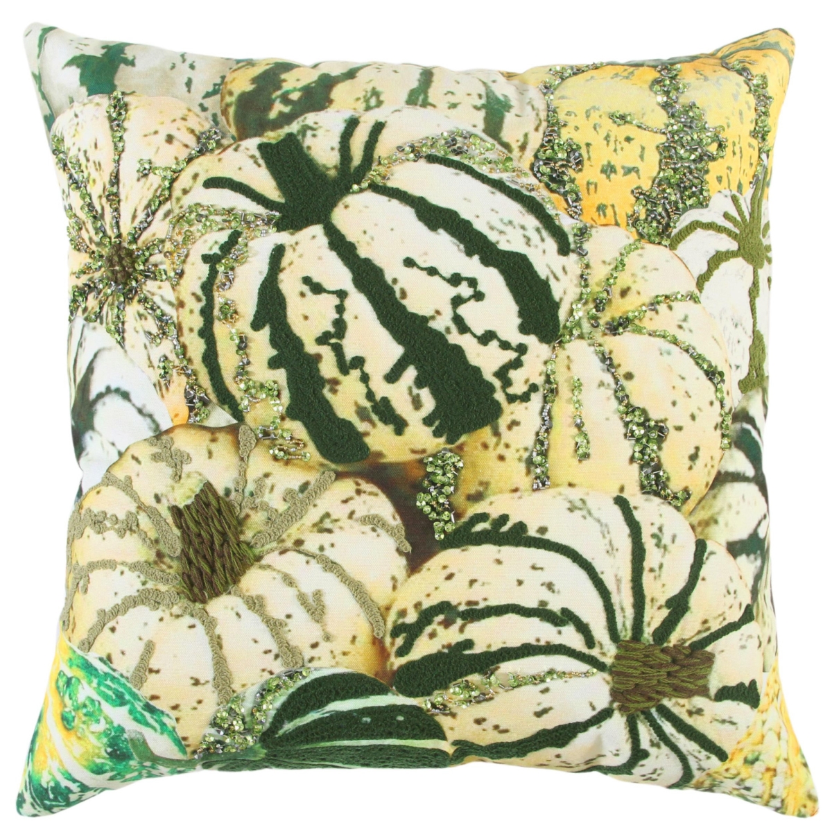 20 in. Green & White Thanksgiving Cotton Pillow with Embroidery, Beads Edges