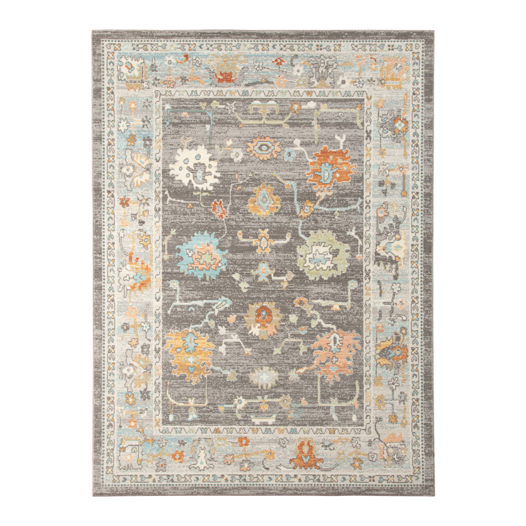 Floral Power Loom Area Rug - Gray & Orange - 2 x 3 ft. - Stain Resistant