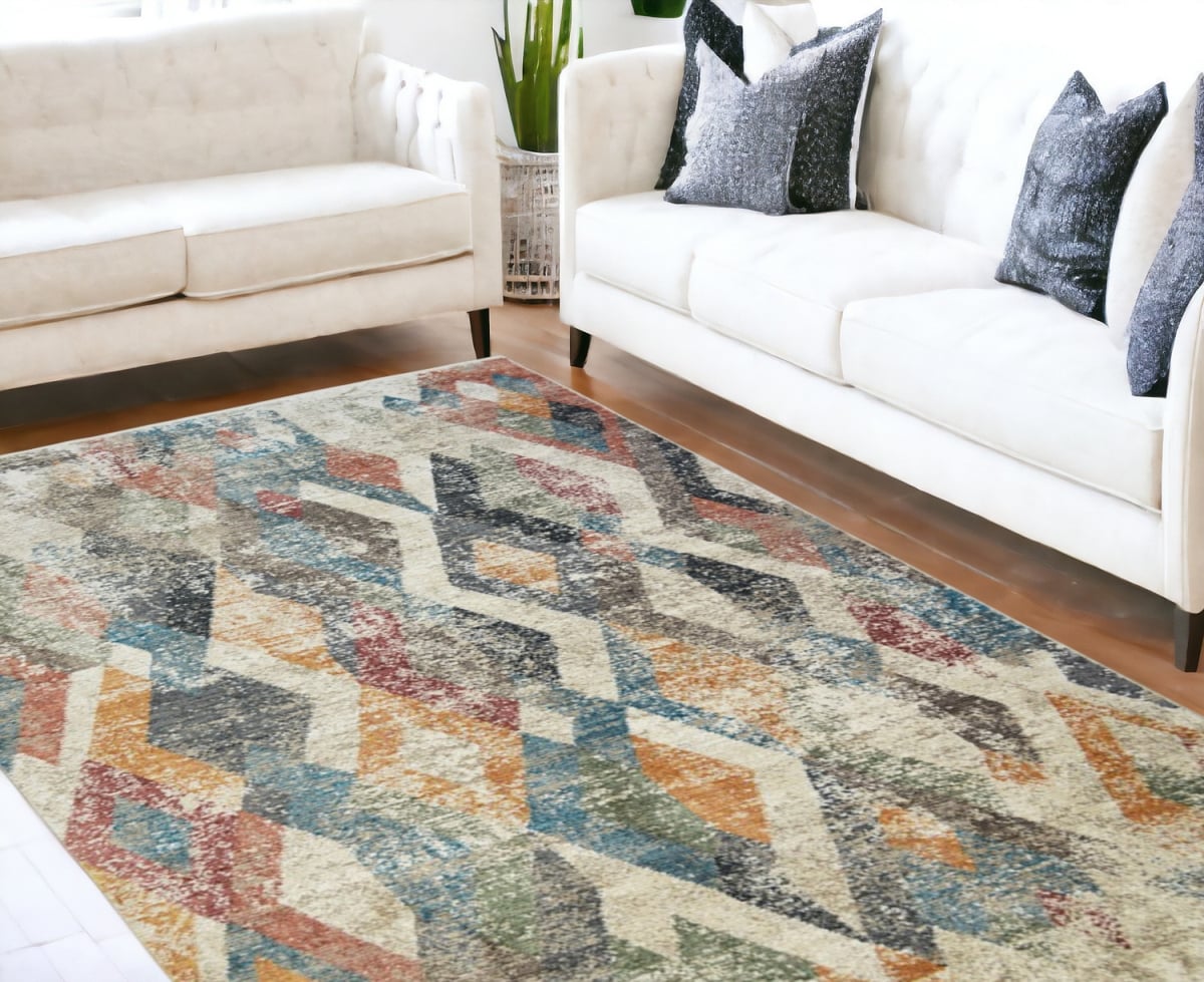 8 x 10 ft. Beige, Blue & Grey Geometric Distressed Rectangle Area Rug with Fringe