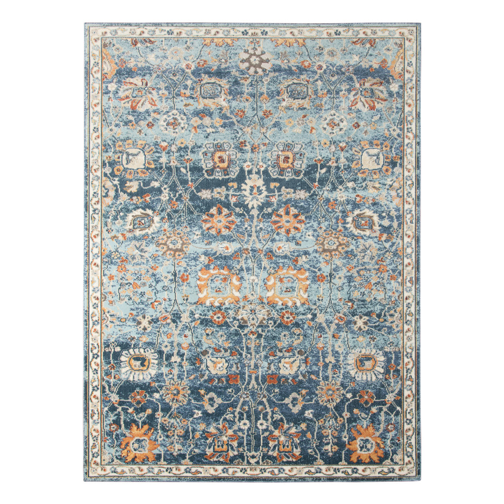 Floral Power Loom Area Rug - Blue & Orange - 2 x 3 ft. - Stain Resistant