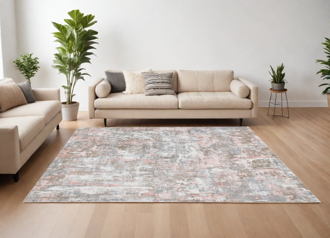 9 x 12 ft. Grey & Pink Abstract Hand Loomed Rectangle Area Rug