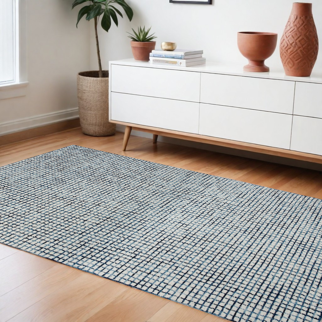 Picture of HomeRoots 554417 10 x 14 ft. Wool Checkered Hand Hooked Rectangle Area Rug&#44; Blue & Ivory