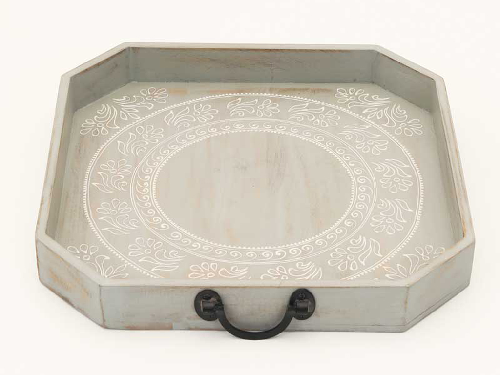 Picture of HomeRoots 526348 Grey & White Octagon Solid Wood Paisley Handmade Serving Tray with Handles - Set of 2