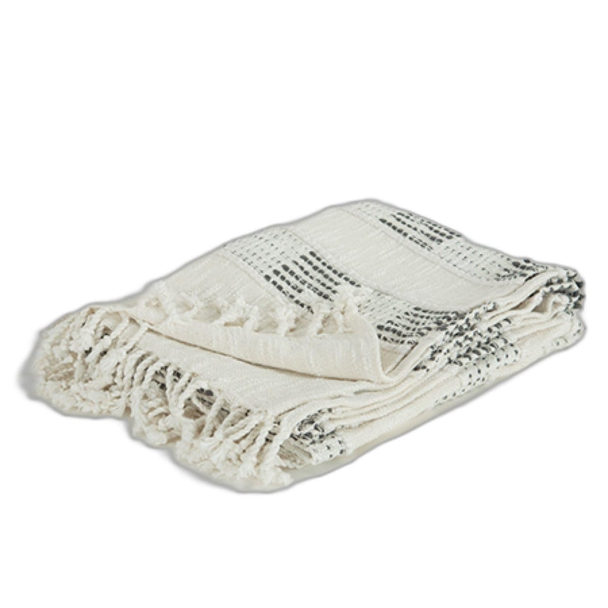 519080 Beige & Grey Woven Cotton Throw Blanket with Fringe