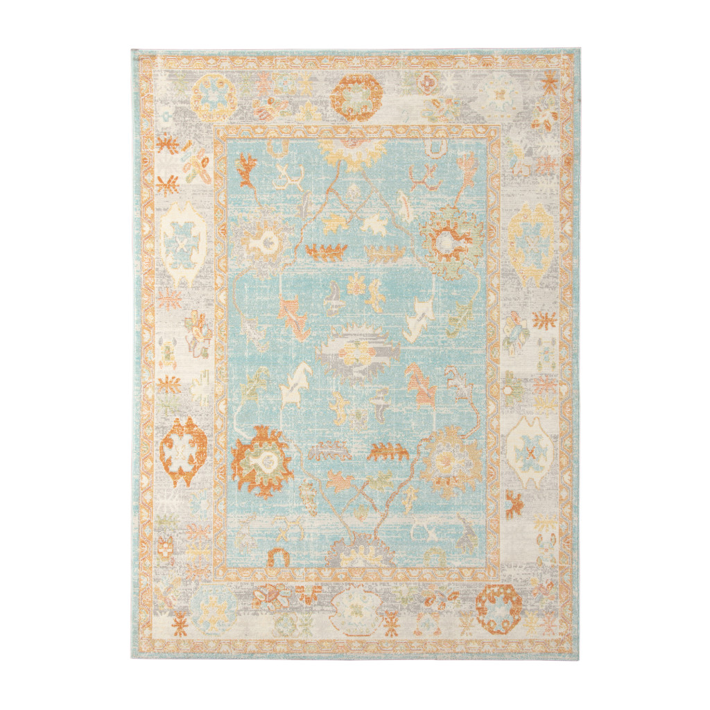 5 x 7 ft. Blue & Orange Floral Stain Resistant Indoor & Outdoor Rectangle Area Rug
