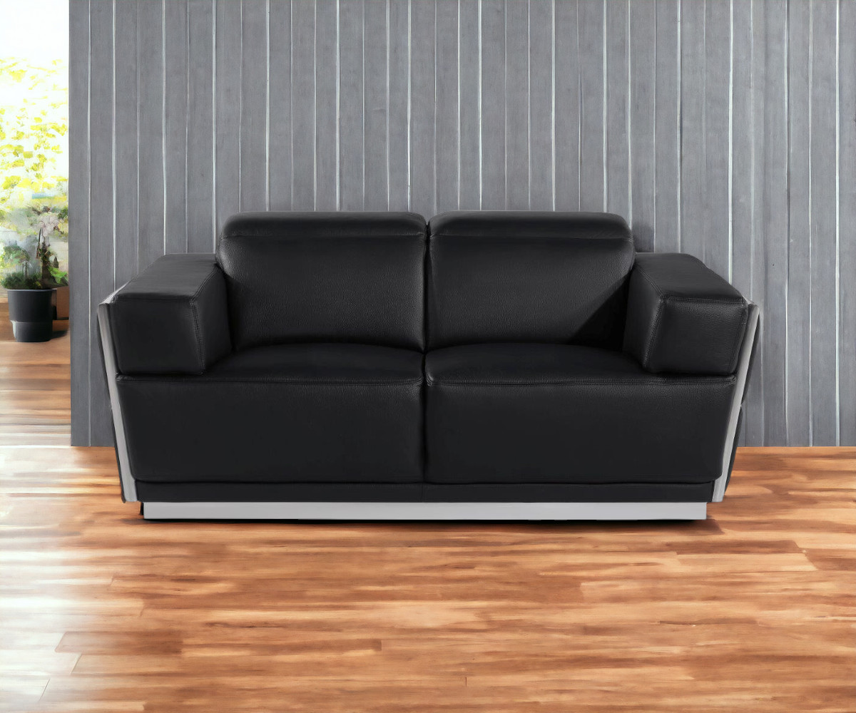40 x 70 x 43 in. Black & Silver Italian Leather Love Seat Sofa