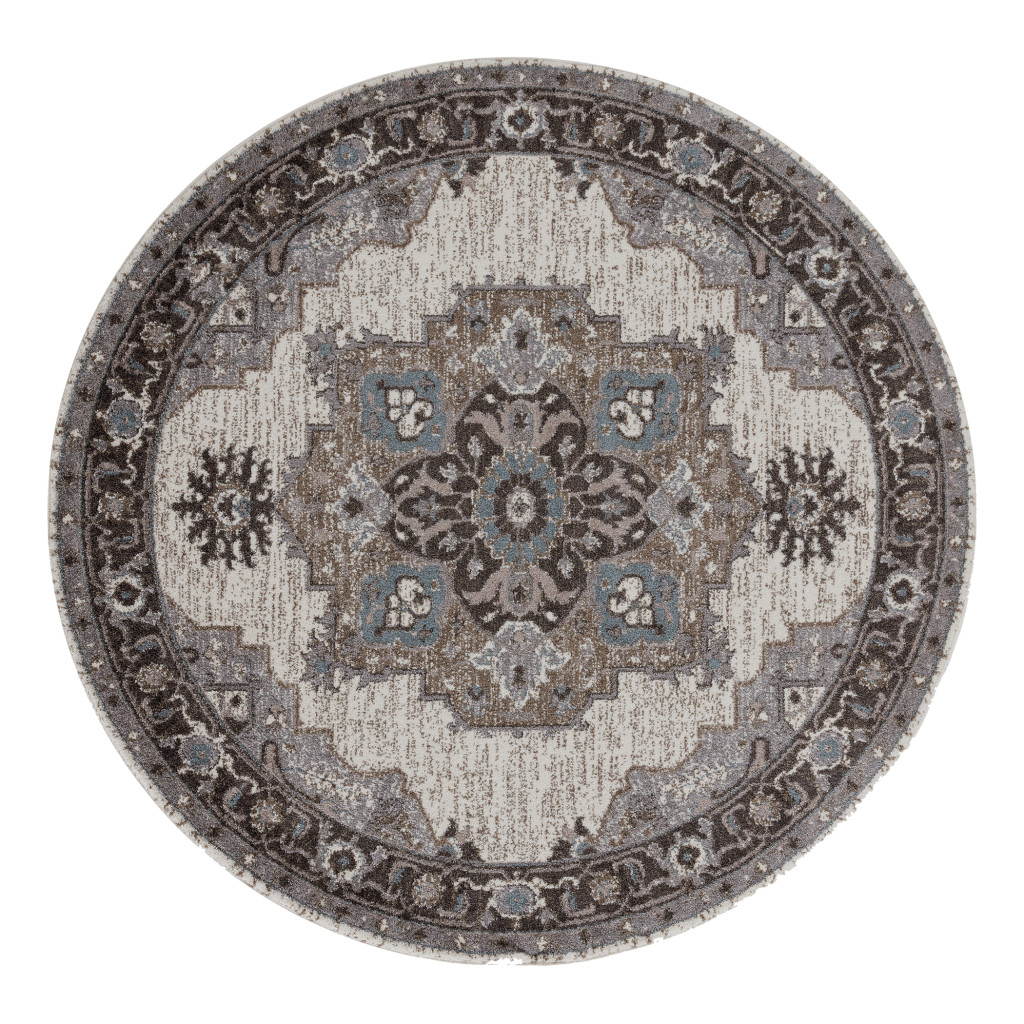 531855 6 ft. Grey & Beige Medallion Power Loom Round Area Rug