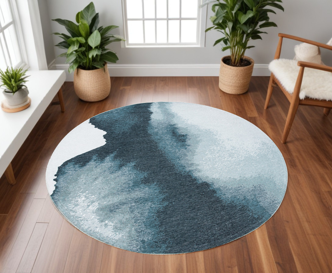 551817 8 ft. Blue & Gray Round Abstract Non Skid Machine Woven Area Rug