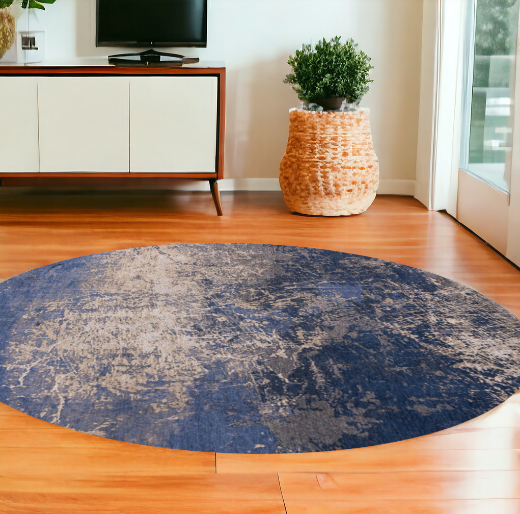 548451 8 ft. Blue & Gray Round Abstract Non Skid Machine Woven Area Rug