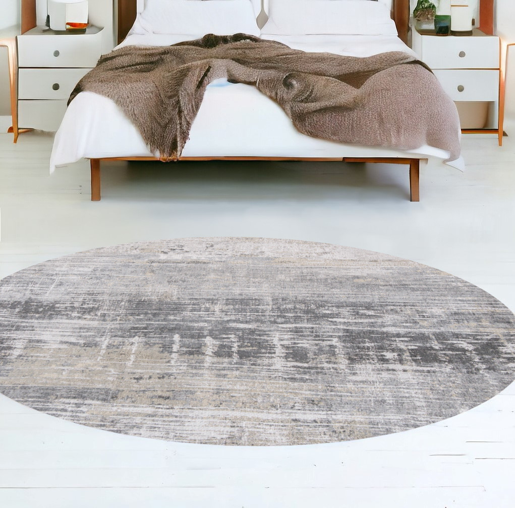 548494 5 ft. Gray & White Round Abstract Non Skid Machine Woven Area Rug