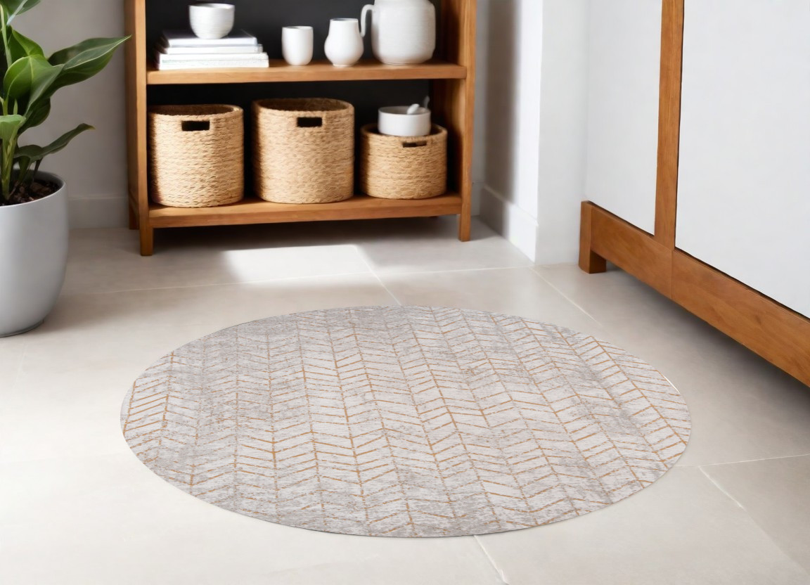 548562 5 ft. Gray & Yellow Round Chevron Non Skid Machine Woven Area Rug