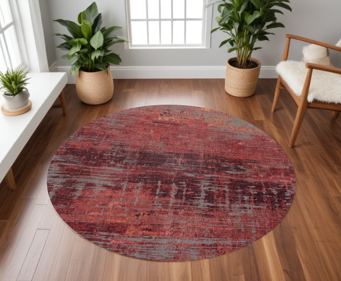 548619 8 ft. Red & Gray Round Abstract Non Skid Machine Woven Area Rug