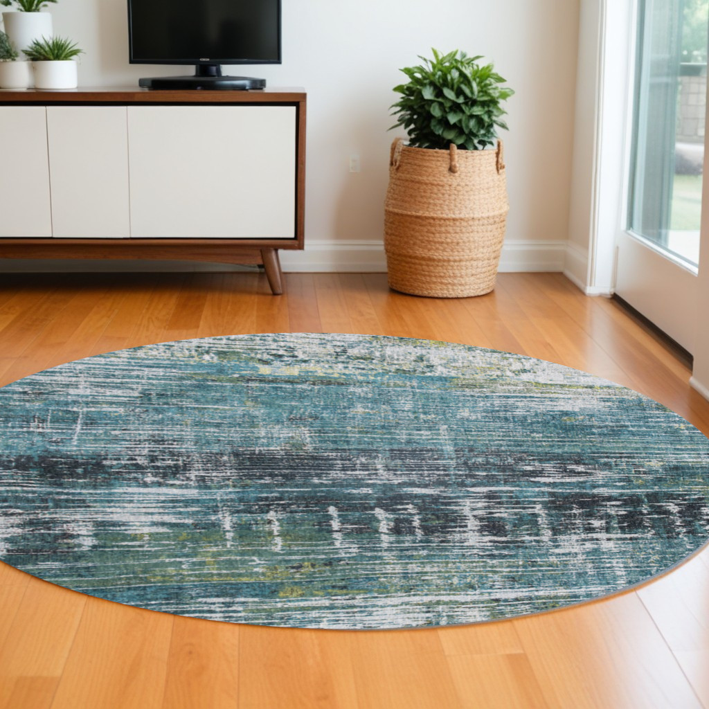 548627 8 ft. Blue & Green Round Abstract Non Skid Machine Woven Area Rug