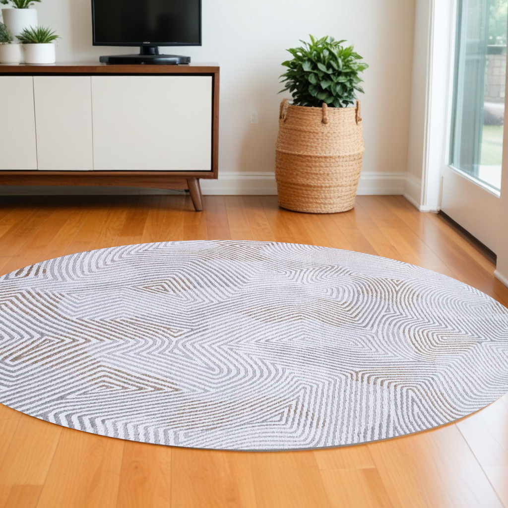 548758 5 ft. White Round Abstract Non Skid Machine Woven Area Rug