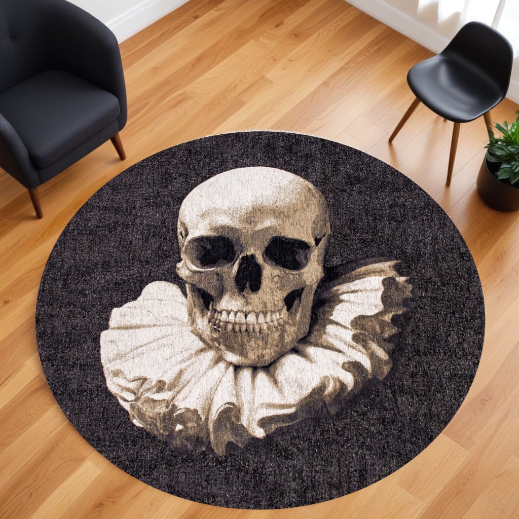 552047 8 ft. Black & White Round Funky Skull Non Skid Machine Woven Area Rug