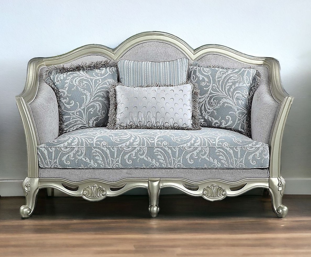515727 66 in. Light Gray & Champagne Linen Damask Loveseat & Toss Pillows