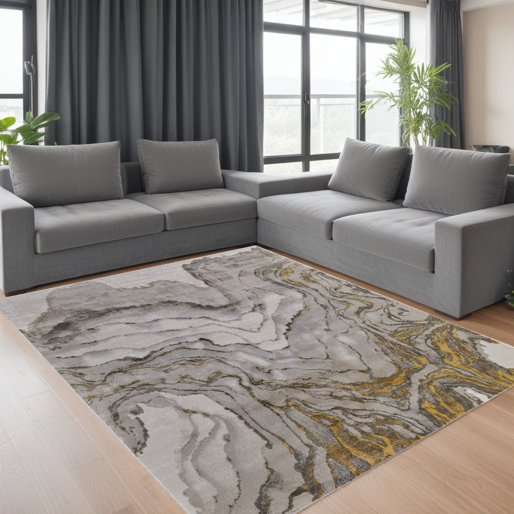 511753 10 x 13 ft. Gold & Ivory Abstract Rectangle Machine Woven Area Rug