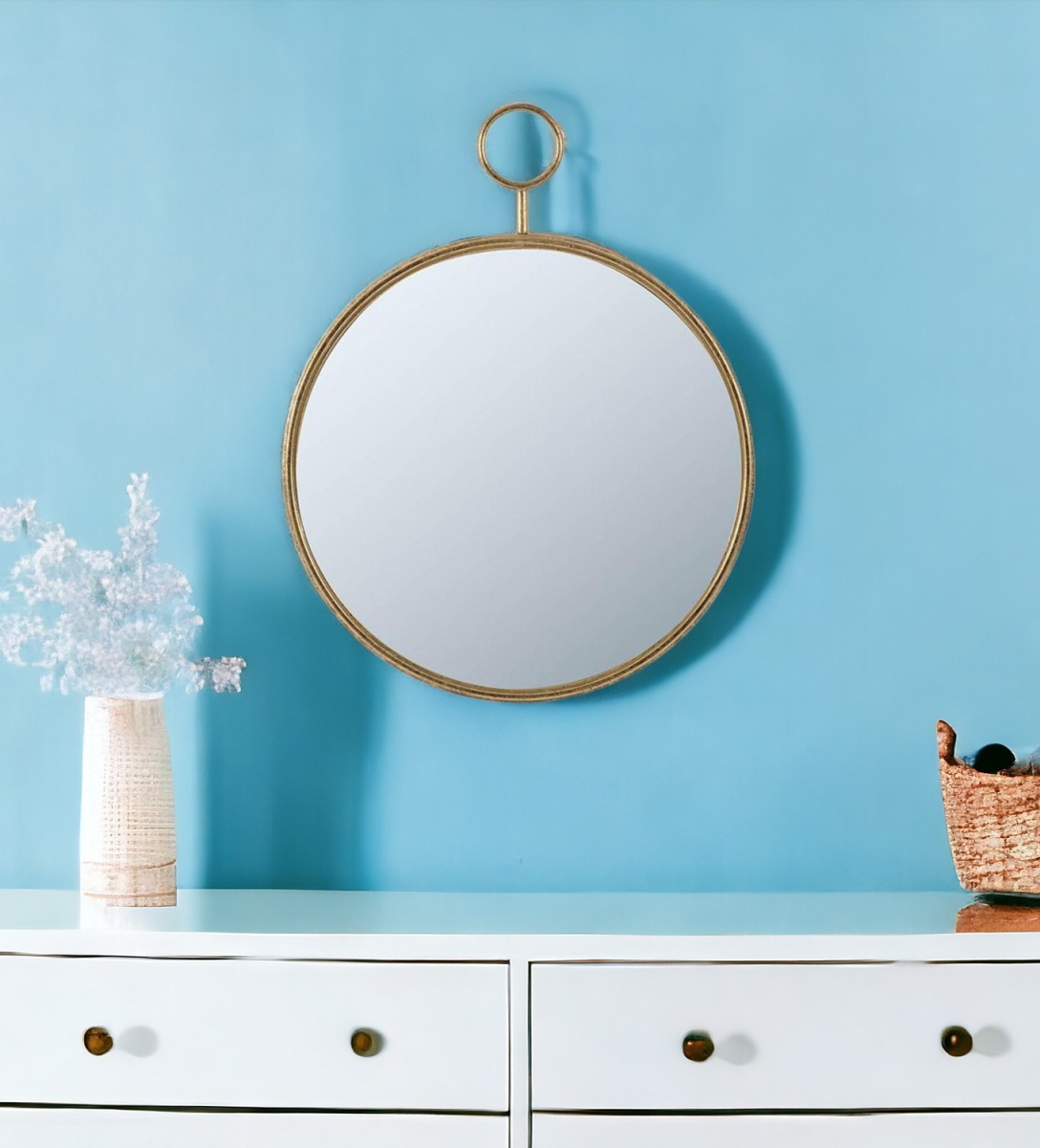 485009 28 in. Gold Round Iron Framed Accent Mirror