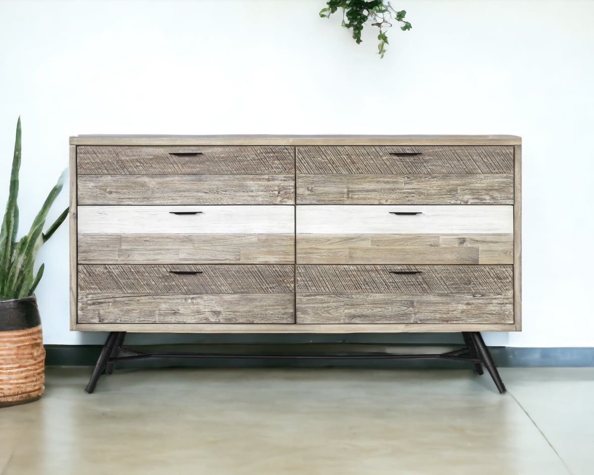 518617 63 in. Natural & Ivory Solid Wood Six Drawer Double Dresser